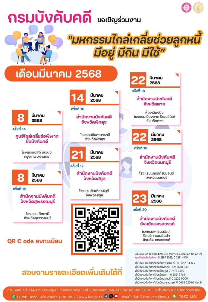 ﻿กรมบังคับคดี ขอเชิญร่วมงาน มหกรรมไกล่เกลี่ยช่วยลูกหนี้ มีอยู่ มีกิน มีใช้ เดือนมีนาคม 2568